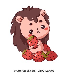 Flat color vector artwork with Kawaii hedgehog surrounded by strawberries. Forest creature happily indulging in favorite berry icon on white