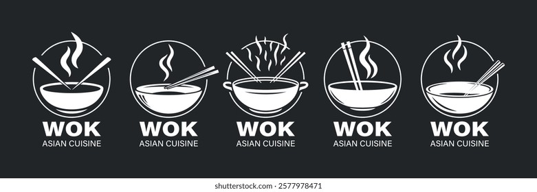 Flat Color Vector Asian Cuisine Logo Set. Ramen Bowl, Noodle Bowl Icon, Sushi Restaurant Emblem. Asian Food Logo, Asian Cuisine Design, Restaurant Branding, Food Symbol