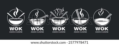 Flat Color Vector Asian Cuisine Logo Set. Ramen Bowl, Noodle Bowl Icon, Sushi Restaurant Emblem. Asian Food Logo, Asian Cuisine Design, Restaurant Branding, Food Symbol