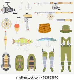 Flat color vector fisher and camping equipment icon set. Fisherman tools. Retro cartoon style. Holiday travel. Spinning. Hook. Boat. Wild nature. Illustration, element for your design and wallpaper.