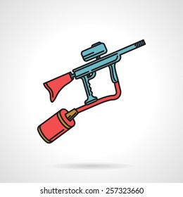 Flat color vector icon with black contour for blue paintball marker with red elements on white background.