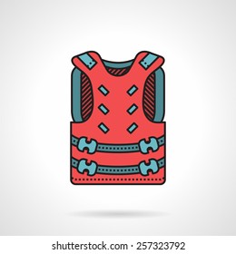 Flat color vector icon with black contour for paintball pink waistcoat with blue straps on white background.