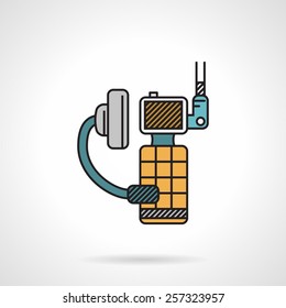 Flat color vector icon with black contour for sport portable radio with earphone and microphone on white background.