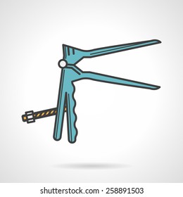 Flat color vector icon with black contour for blue gynecology speculum on white background. 