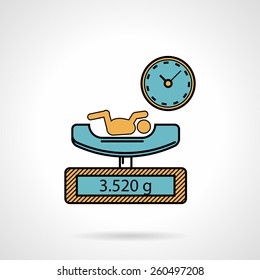 Flat color vector icon with black contour for newborn weighing procedure on white background.