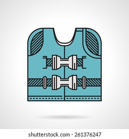 Flat color vector icon with black contour for blue life-jacket on white background.