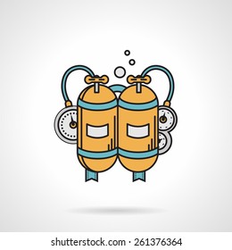 Flat color vector icon with black contour for yellow aqualung for scuba diving with clamps and sensors  on white background.
