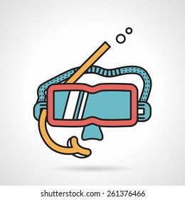 Flat color vector icon with black contour for red scuba mask with yellow snorkel on white background.