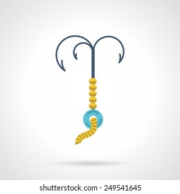 Flat color vector icon for climbing grappling hook with three sharps and with rope on white background.