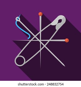 Flat color vector icon for crossed gray pins and needle on purple background. Long shadow design.