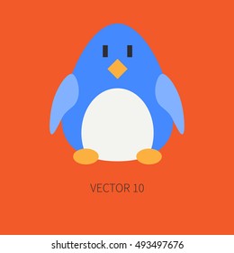 Flat color vector icon with cute animal for baby products - penguin. Cartoon style. Childrens doodle. Babyhood. Newborn. Vector illustration and element for your design, wallpaper. Zoo. Kids. Toy.