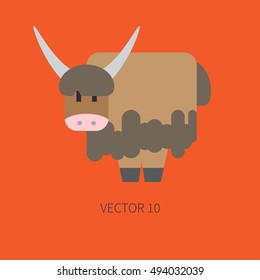 Flat color vector icon with cute animal for baby products - yak, bull. Cartoon style. Childrens doodle. Babyhood. Newborn. Vector illustration and element for your design, wallpaper. Zoo. Kids. Farm.