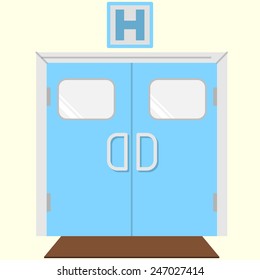 Flat Color Vector Icon For Hospital Entrance. Blue Double Entrance Door With Sign Letter H Above For Hospital. Flat Vector Icon On White Background.