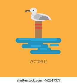 Flat color vector icon in marine style with albatross. Cartoon style. Simple nautical icon. Element of vacation at sea island. Vector illustration and element for your design, wallpaper. Sea birds.