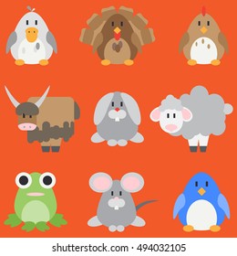 Flat color vector icon set with cute animals for baby products. Cartoon style. Children doodle. Babyhood. Newborn. Vector illustration and element for your design , wallpaper. Collection. Zoo. Kids.
