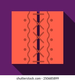 Flat color vector icon for stitched two red patches on purple background. Long shadow design