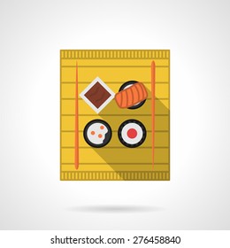 Flat color vector icon for sushi set on yellow bamboo tray on white background. Long shadow design