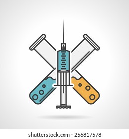 Flat color vector icon for vaccination symbol with syringe and crossed test-tubes with blue and yellow liquid on white background.