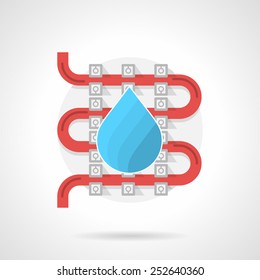 Flat color vector icon for water underfloor heating with red pipeline and with drop sign on white background