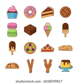  flat color vector icons of desserts 