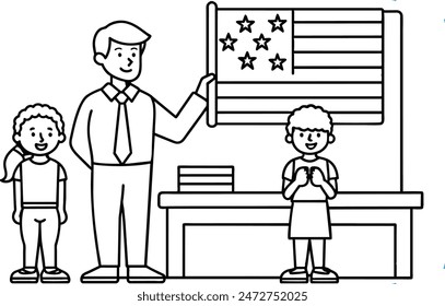 Flat color vector illustration of an American school classroom where a teacher discusses Independence Day with students. July 4th holiday scene with cartoon characters.