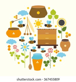 flat color vector illustration. bee apiary.