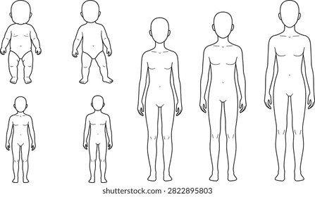 Flat color vector illustration of child to teen human body growth stages anatomy template for fashion croquis design