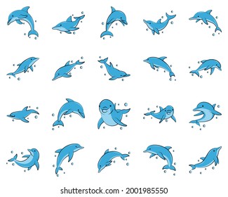 flat color vector illustration icon set of blue dolphin