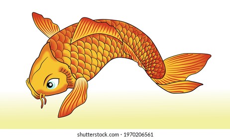 Flat color vector illustration, image of golden red Koi fish in Asian style. Isolate, cutout image.