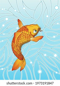 Flat color vector illustration, image of golden red Koi fish in Asian style. 