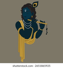 Flat color vector illustration of Lord Krishna playing the flute, adorned with traditional attire and peacock feather. A spiritual Hindu artwork ideal for cultural festivals, religious events, and dev