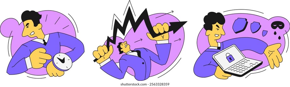 Flat color vector illustration. A set of illustrations. The man keeps track of time. The man bends the diagram. A man protects information data