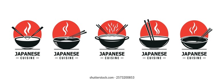 Flat Color Vector Japanese Cuisine Logo Set. Ramen Bowl, Noodle Bowl Icon, Sushi Restaurant Emblem. Japanese Food Logo, Asian Cuisine Design, Japanese Restaurant Branding, Japanese Food Symbol