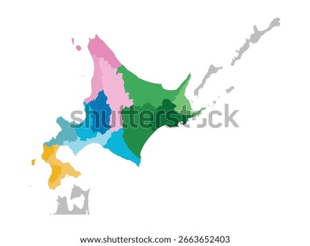 Flat color vector map of Hokkaido Japan with random regions