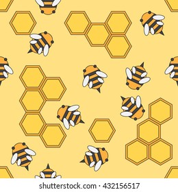 Flat color vector seamless beekeeping pattern. Wrapping paper beekeeping pattern. Cute doodle pattern with bees and honeycombs. Vector illustration and element for design, wallpaper. Background. 