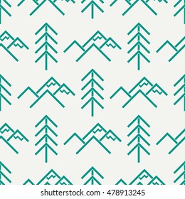 Flat color vector seamless nordic motif pattern. Fabric textile ethnic elements. Cute doodle with coniferous forest and mountain peaks. Vector illustration and element for design. Folkloric.