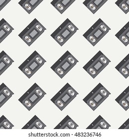 Flat color vector seamless pattern videocassette. Fabric textile elements. Cute doodle with analog multimedia. Vector illustration, element for design. Retro. Interference. Television. Magnetic tape.