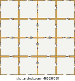 Flat color vector seamless pattern with pencil, eraser. Cartoon style. Art. Vector illustration , element for your design and wallpaper. Graphite rod. Geometrical figures. Fabric textile. Draw.