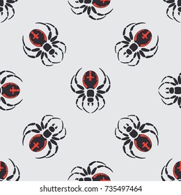 Flat color vector seamless wildlife fauna pattern with black widow spider. Halloween. Cartoon style. Insect. Web. Entomology. Art. Nature. Predator. Illustration, element for your design wallpaper