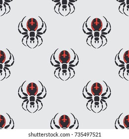 Flat color vector seamless wildlife fauna pattern with black widow spider. Halloween. Cartoon style. Insect. Web. Entomology. Art. Nature. Predator. Illustration, element for your design wallpaper