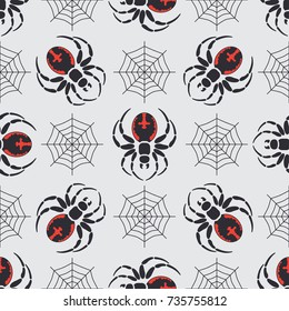 Flat color vector seamless wildlife fauna pattern with black widow spider. Halloween. Cartoon style. Insect. Web. Entomology. Art. Nature. Predator. Illustration, element for your design wallpaper