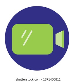 Flachfarbige Videokamera-Symbol auf blauem Hintergrund. 