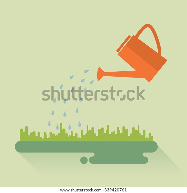 Flat
color watering can sprays water drops above
lawn.