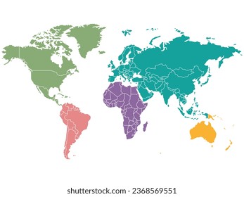 Flat color world map featuring all major continents North America, South America, Africa, Europe, Asia, and Eurasia.