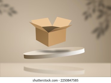 Flat colored 3D cylindrical platform floating in the air. with the shadow of the leaves beautiful product shelf vector abstract geometric pattern minimal scene showcase trade show stage model