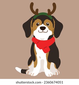 Flat colored adorable dark tri colored Beagle sitting in front view Christmas style