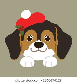 Flat colored adorable dark tri colored Beagle front face with paws Christmas style