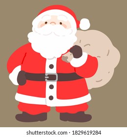 Flat colored adorable and simple illustration of Santa Claus carrying a sack of presents