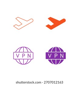 Flachfarbiger Flugzeugmodus und VPN-Symbolsatz im Umriss und Solid Style für Netzwerkverbindung und Datenschutzeinstellungen