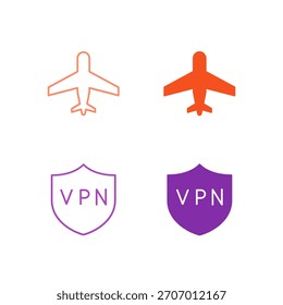 Flat Colored Airplane Mode and VPN Icon Set in Outline and Solid Style for Network Connection and Privacy Setting